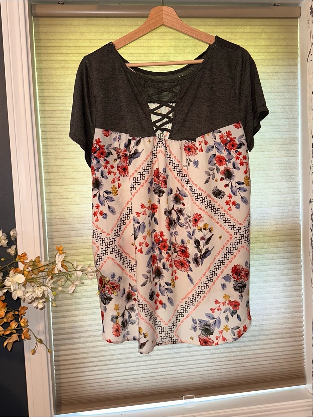 Rewind Dark Gray and Multi Floral Lace-Up Top